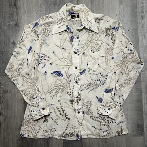VTG 1970s Bonds Design Collection Disco White Linen Dagger Collar Hippie Shirt L
